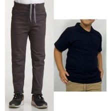 Mavimoure Unisex Çocuk Ribana Bel Keten Füme Okul Pantolonu + Polo Yaka Kısa Kol T-Shirt