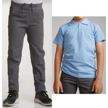 Mavimoure Unisex Çocuk Ribana Bel Keten Gri Okul Pantolonu + Polo Yaka Kısa Kol T-Shirt