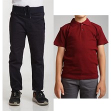 Mavimoure Unisex Çocuk Ribana Bel Keten Lacivert Okul Pantolonu + Polo Yaka Kısa Kol T-Shirt
