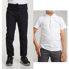 Mavimoure Unisex Çocuk Ribana Bel Keten Lacivert Okul Pantolonu + Polo Yaka Kısa Kol T-Shirt