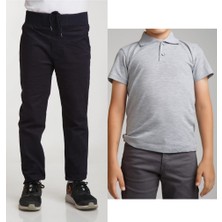 Mavimoure Unisex Çocuk Ribana Bel Keten Lacivert Okul Pantolonu + Polo Yaka Kısa Kol T-Shirt