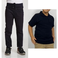 Mavimoure Unisex Çocuk Ribana Bel Keten Lacivert Okul Pantolonu + Polo Yaka Kısa Kol T-Shirt