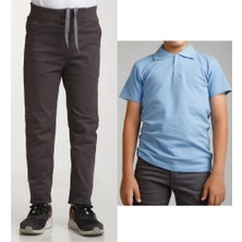 Mavimoure Unisex Çocuk Ribana Bel Keten Füme Okul Pantolonu + Polo Yaka Kısa Kol T-Shirt