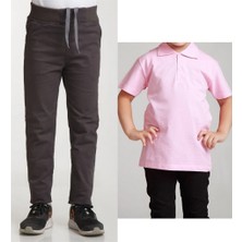 Mavimoure Unisex Çocuk Ribana Bel Keten Füme Okul Pantolonu + Polo Yaka Kısa Kol T-Shirt