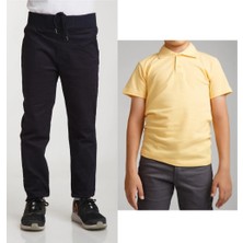 Mavimoure Unisex Çocuk Ribana Bel Keten Lacivert Okul Pantolonu + Polo Yaka Kısa Kol T-Shirt