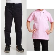 Mavimoure Unisex Çocuk Ribana Bel Keten Lacivert Okul Pantolonu + Polo Yaka Kısa Kol T-Shirt