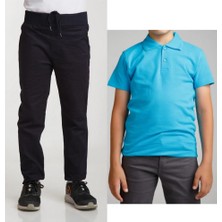 Mavimoure Unisex Çocuk Ribana Bel Keten Lacivert Okul Pantolonu + Polo Yaka Kısa Kol T-Shirt