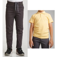 Mavimoure Unisex Çocuk Ribana Bel Keten Füme Okul Pantolonu + Polo Yaka Kısa Kol T-Shirt