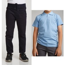 Mavimoure Unisex Çocuk Ribana Bel Keten Lacivert Okul Pantolonu + Polo Yaka Kısa Kol T-Shirt