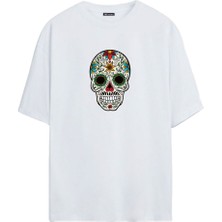 The Wert Çiçekli Kafatası Baskılı Beyaz Oversize Tshirt