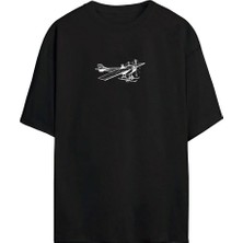 The Wert Antika Uçak Baskılı Siyah Oversize Tshirt