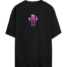 The Wert Tüylü Canavar Mor Baskılı Siyah Oversize Tshirt