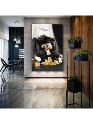 SML Tablo Önünde Altınlarıyla Oturan Varyemez Amca Zengin Ördek Kanvas Tablo