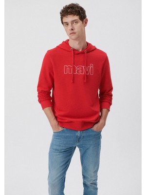 Mavi Erkek Mavi Logo Baskılı Kapüşonlu Kırmızı Sweatshirt 065606-82054