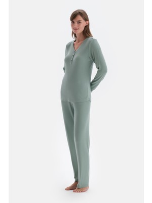 Dagi Yeşil Ribli Viskon Örme Pijama Takımı
