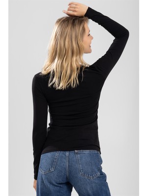 Baykar Kadın Pamuklu Bisiklet Yaka Uzun Kollu Penye Basic Body Siyah