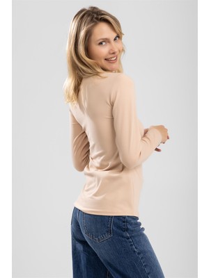 Baykar Kadın Pamuklu Bisiklet Yaka Uzun Kollu Penye Basic Body Ten Rengi