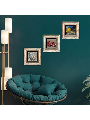 Pinecone Stone Van Gogh Kafe Terasta Gece, Kelebekli Çiçek, Nar Çerçeveli Taş Duvar Tablosu 3’lü Set - Dekoratif Modern Sanat, Ev ve Ofis Dekoru |TK3-1193|