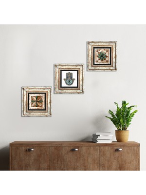 Pinecone Stone Fas Desenli Vintage, Fatma Ana Eli (Hamsa) Çerçeveli Taş Duvar Tablosu 3’lü Set - Dekoratif Modern Sanat, Ev ve Ofis Dekoru |TK3-136|