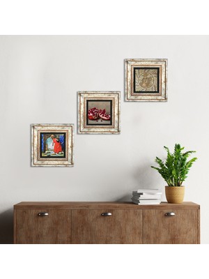Pinecone Stone Mozaik Serisi, Kaplumbağa Terbiyecisi, Nar Çerçeveli Taş Duvar Tablosu 3’lü Set - Dekoratif Modern Sanat, Ev ve Ofis Dekoru |TK3-1532|