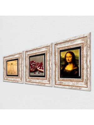 Pinecone Leonardo da Vinci Mona Lisa, Vitruvius Adamı, Nar Taş Duvar Tablosu Çerçeveli Duvar Dekoru 3 Parça Tablo Seti Wall Art T3-1354