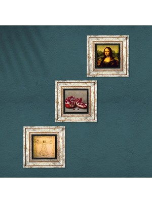 Pinecone Leonardo da Vinci Mona Lisa, Vitruvius Adamı, Nar Taş Duvar Tablosu Çerçeveli Duvar Dekoru 3 Parça Tablo Seti Wall Art T3-1354