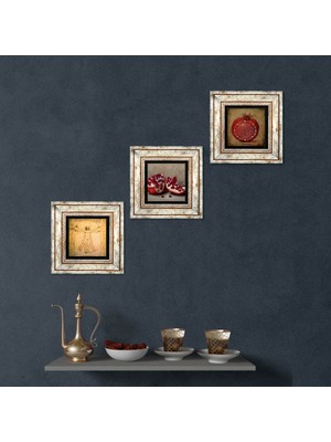 Pinecone Stone Bereket Duası, Nar, Vitruvius Çerçeveli Taş Duvar Tablosu 3’lü Set - Dekoratif Modern Sanat, Ev ve Ofis Dekoru |TK3-1362|
