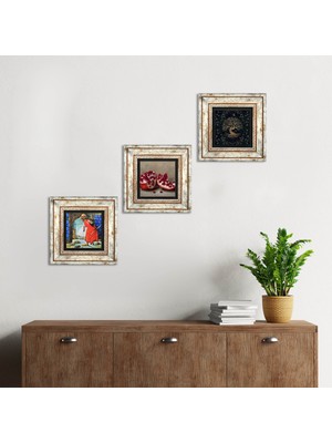 Pinecone Stone Hayat Ağacı, Kaplumbağa Terbiyecisi, Nar Çerçeveli Taş Duvar Tablosu 3’lü Set - Dekoratif Modern Sanat, Ev ve Ofis Dekoru |TK3-1541|