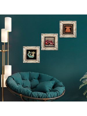 Pinecone Stone Hırka-i Şerif, Şahmeran, Nar Çerçeveli Taş Duvar Tablosu 3’lü Set - Dekoratif Modern Sanat, Ev ve Ofis Dekoru |TK3-1008|