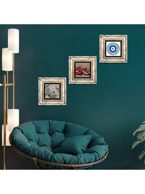 Pinecone Nazar, Kelebekli Çiçek, Nar Taş Duvar Tablosu Çerçeveli Duvar Dekoru 3 Parça Tablo Seti Wall Art T3-1185