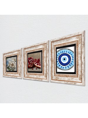 Pinecone Nazar, Kelebekli Çiçek, Nar Taş Duvar Tablosu Çerçeveli Duvar Dekoru 3 Parça Tablo Seti Wall Art T3-1185