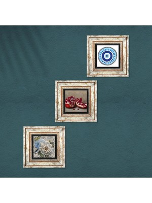 Pinecone Nazar, Kelebekli Çiçek, Nar Taş Duvar Tablosu Çerçeveli Duvar Dekoru 3 Parça Tablo Seti Wall Art T3-1185