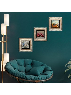 Pinecone Stone Van Gogh Balıkçı Tekneleri, Kelebekli Çiçek, Nar Çerçeveli Taş Duvar Tablosu 3’lü Set - Dekoratif Modern Sanat, Ev ve Ofis Dekoru |TK3-1192|
