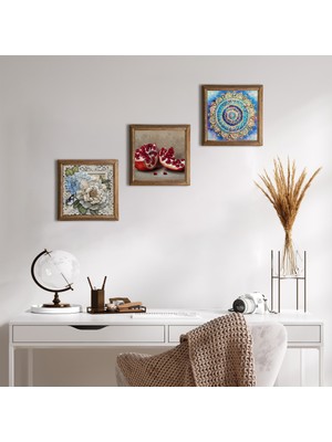 Pinecone Stone Mandala, Kelebekli Çiçek, Nar Ahşap Çerçeveli Taş Duvar Tablosu 3’lü Set – 25x25 cm Dekoratif Modern Sanat – Ev ve Ofis Dekoru |W3-1178|