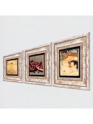 Pinecone Gustav Klimt Anne Çocuk, Da Vinci Vitruvius Adamı, Nar Taş Duvar Tablosu Çerçeveli Duvar Dekoru 3 Parça Tablo Seti Wall Art T3-1360