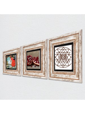 Pinecone Sri Yantra, Kaplumbağa Terbiyecisi, Nar Taş Duvar Tablosu Çerçeveli Duvar Dekoru 3 Parça Tablo Seti Wall Art T3-1543