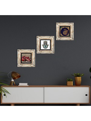 Pinecone Stone Tavus Kuşu, Nar, Fatma Ana Eli (Hamsa) Çerçeveli Taş Duvar Tablosu 3’lü Set - Dekoratif Modern Sanat, Ev ve Ofis Dekoru |TK3-749|