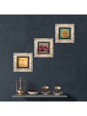 Pinecone Stone Lotus Çiçeği, Leonardo da Vinci Vitruvius Adamı, Nar Çerçeveli Taş Duvar Tablosu 3’lü Set - Dekoratif Modern Sanat, Ev ve Ofis Dekoru |TK3-1377|