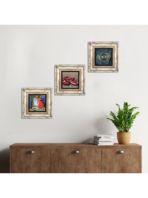 Pinecone Stone Nazar, Kaplumbağa Terbiyecisi, Nar Çerçeveli Taş Duvar Tablosu 3’lü Set - Dekoratif Modern Sanat, Ev ve Ofis Dekoru |TK3-1556|