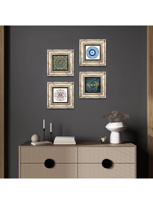 Pinecone Stone Mandala, Nazar, Sri Yantra Çerçeveli Taş Duvar Tablosu 4’lü Set - Dekoratif Modern Sanat, Ev ve Ofis Dekoru |TK4-1004|