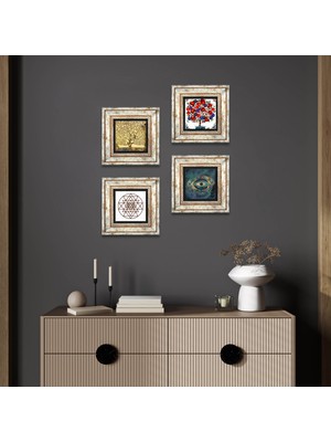 Pinecone Stone Nazar, Sri Yantra, Gustav Klimt Hayat Ağacı, Nar Ağacı Çerçeveli Taş Duvar Tablosu 4’lü Set - Dekoratif Modern Sanat, Ev ve Ofis Dekoru |TK4-1009|