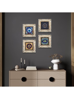 Pinecone Stone Nazar Çerçeveli Taş Duvar Tablosu 4’lü Set - Dekoratif Modern Sanat, Ev ve Ofis Dekoru |TK4-1250|