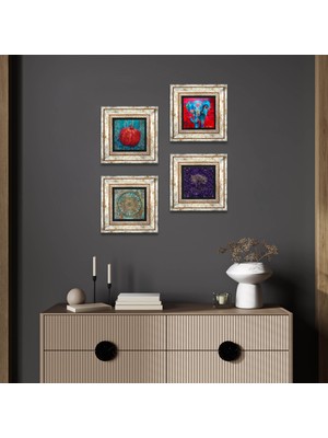 Pinecone Stone Hayat Ağacı, Fil, Yaşam Çiçeği, Nar Çerçeveli Taş Duvar Tablosu 4’lü Set - Dekoratif Modern Sanat, Ev ve Ofis Dekoru |TK4-1278|