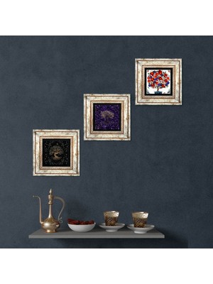 Pinecone Hayat Ağacı, Nar Ağacı Taş Duvar Tablosu Çerçeveli Duvar Dekoru 3 Parça Tablo Seti Wall Art T3-1900