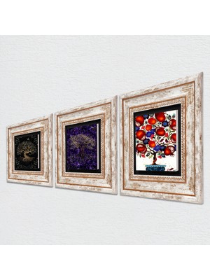 Pinecone Hayat Ağacı, Nar Ağacı Taş Duvar Tablosu Çerçeveli Duvar Dekoru 3 Parça Tablo Seti Wall Art T3-1900