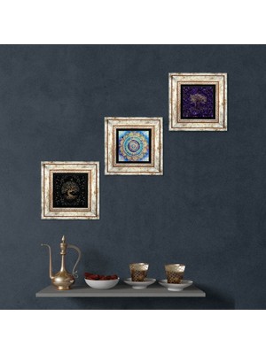 Pinecone Stone Mandala, Hayat Ağacı Çerçeveli Taş Duvar Tablosu 3’lü Set - Dekoratif Modern Sanat, Ev ve Ofis Dekoru |TK3-1915|