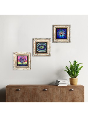 Pinecone Stone Nazar, Hayat Ağacı Çerçeveli Taş Duvar Tablosu 3’lü Set - Dekoratif Modern Sanat, Ev ve Ofis Dekoru |TK3-279|