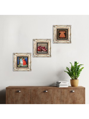 Pinecone Stone Hırka-i Şerif, Kaplumbağa Terbiyecisi, Nar Çerçeveli Taş Duvar Tablosu 3’lü Set - Dekoratif Modern Sanat, Ev ve Ofis Dekoru |TK3-1557|