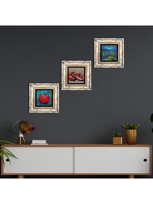 Pinecone Stone Van Gogh Ren Nehri’nde Yıldızlı Bir Gece, Nar Çerçeveli Taş Duvar Tablosu 3’lü Set - Dekoratif Modern Sanat, Ev ve Ofis Dekoru |TK3-842|