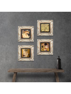 Pinecone Stone Gustav Klimt Altın Gözyaşları, Anne Çocuk, Öpücük, Hayat Ağacı Çerçeveli Taş Duvar Tablosu 4’lü Set - Dekoratif Modern Sanat, Ev ve Ofis Dekoru |TK4-05|